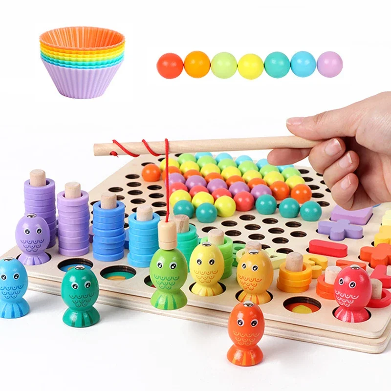 wooden clip bead  multi-functional hand-eye coordination training  chess digital match montessori  fish educational board game