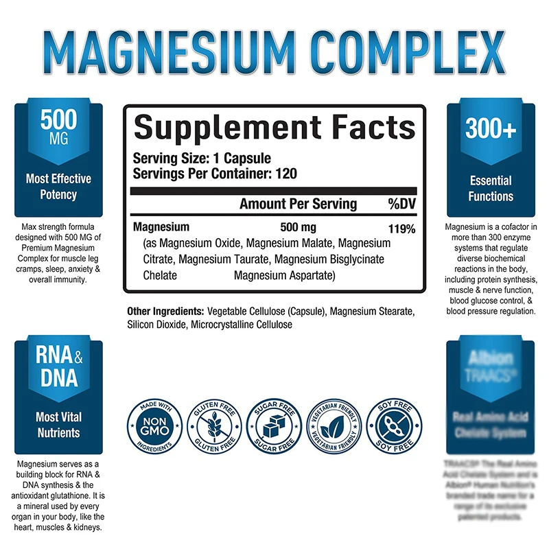 Magnesium Complex 500mg Citrate Malate Taurate Oxide   Bisglycinate Chelate Aspartate Magnesium Supplement for Women  Men