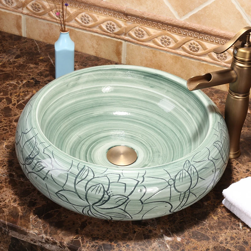 Green Round Jingdezhen Bathroom ceramic sink wash basin Counter Top Wash Basin Bathroom Sinks hand painted ceramics bowls