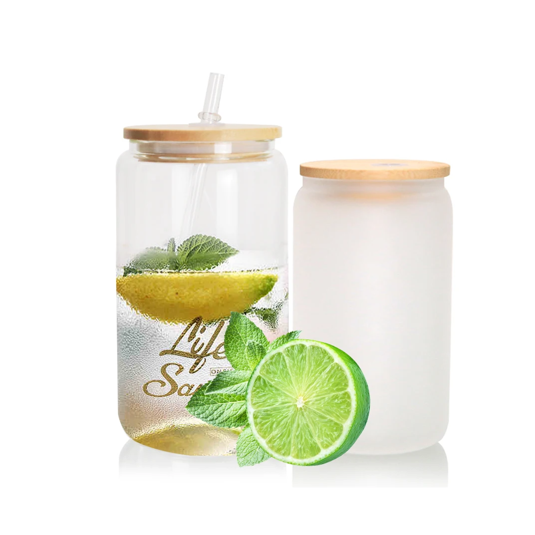 Hot Sale US Warehouse 12oz 16oz  Frosted clear coffee soda shaped beer can glass cup Sublimation jar with bamboo  lid