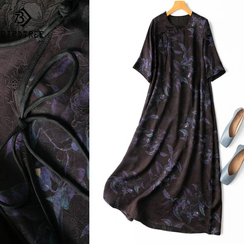 Birdtree 45 Mm 100% Natural Silk Dresses Women Heavyweight Fragrant Cloud Gauze Loose Short Sleeve Maxi Cheongsam Dress D36318JM