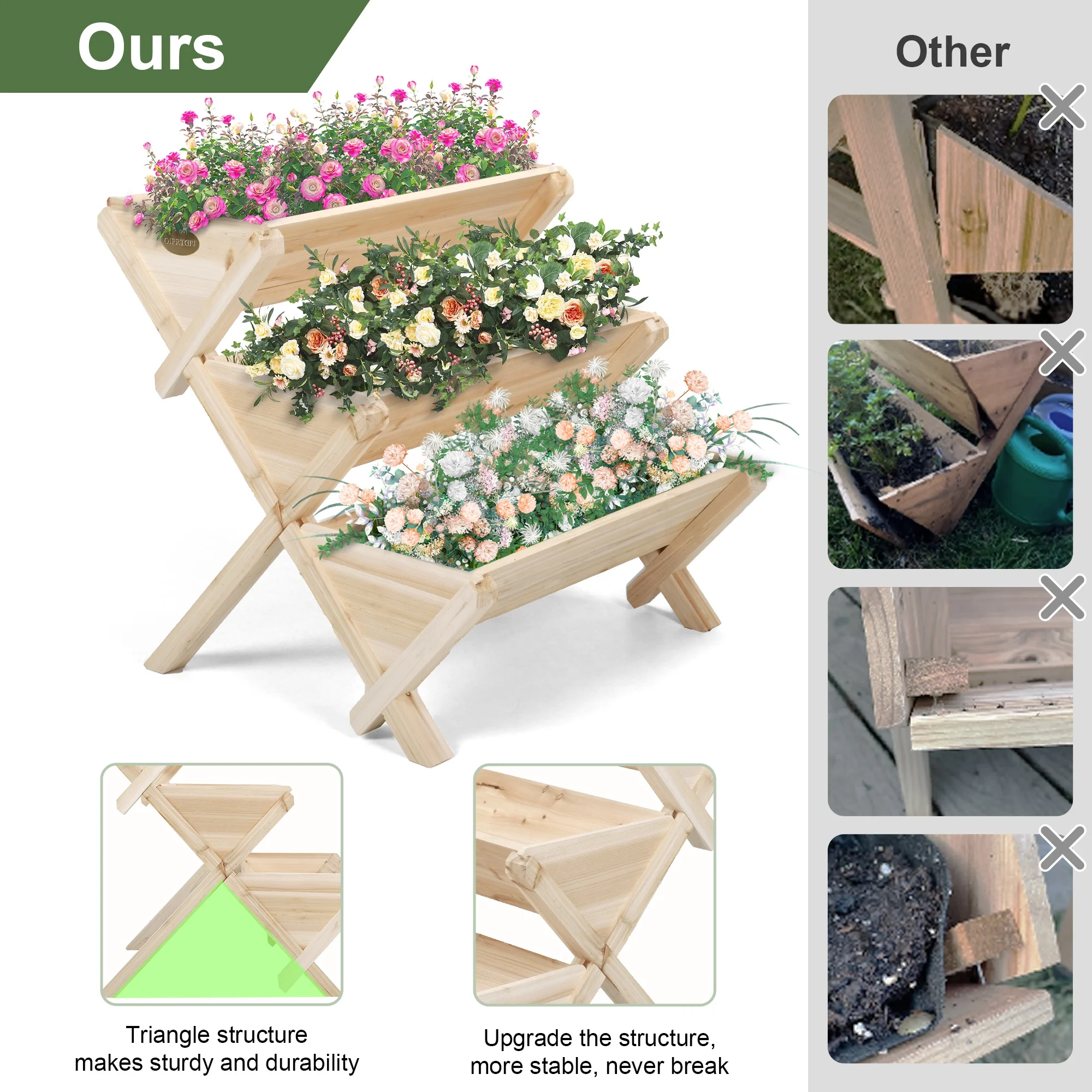 Raised Beds Kit for Flower 3 Tiers Wooden Vertical Raised Garden Bed with Legs Garden Freestanding Raised Garden Bed Planter Box