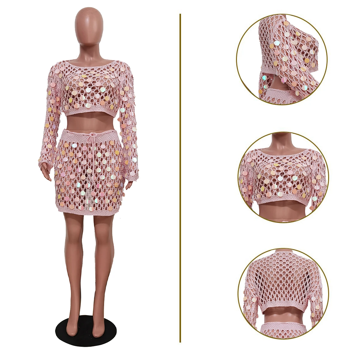 Sexy summer hollow out knitted sequin two pieces skirt set with long sleeve crop top and mini skirt