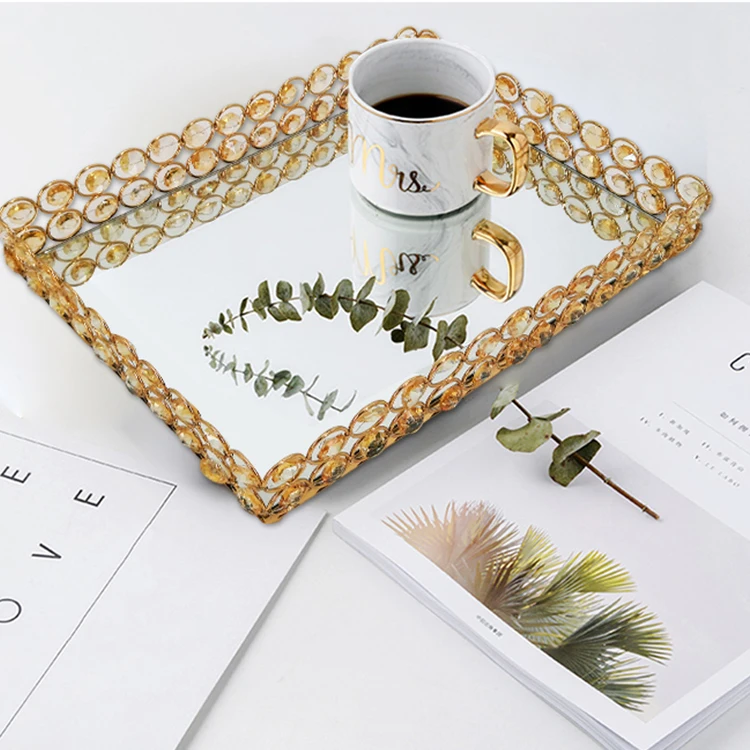 
nodic glass hollow wedding hotel decoration crystal metal square serving Mirror tray 