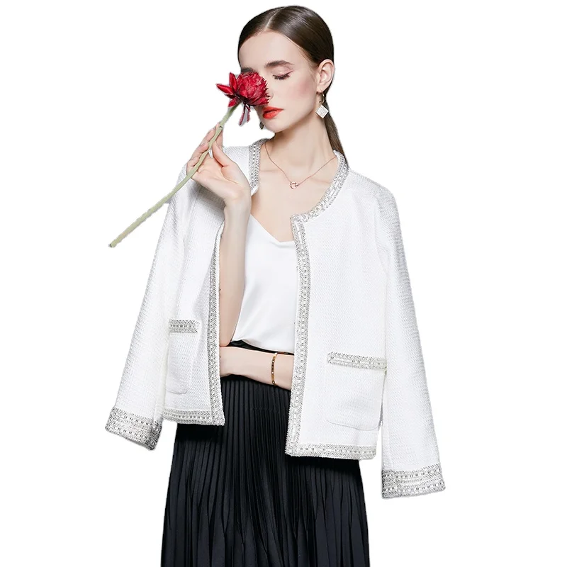 Light luxury heavy industry tweed with cashmere stitching handmade beaded small fragrance all-match coat YYX8200108