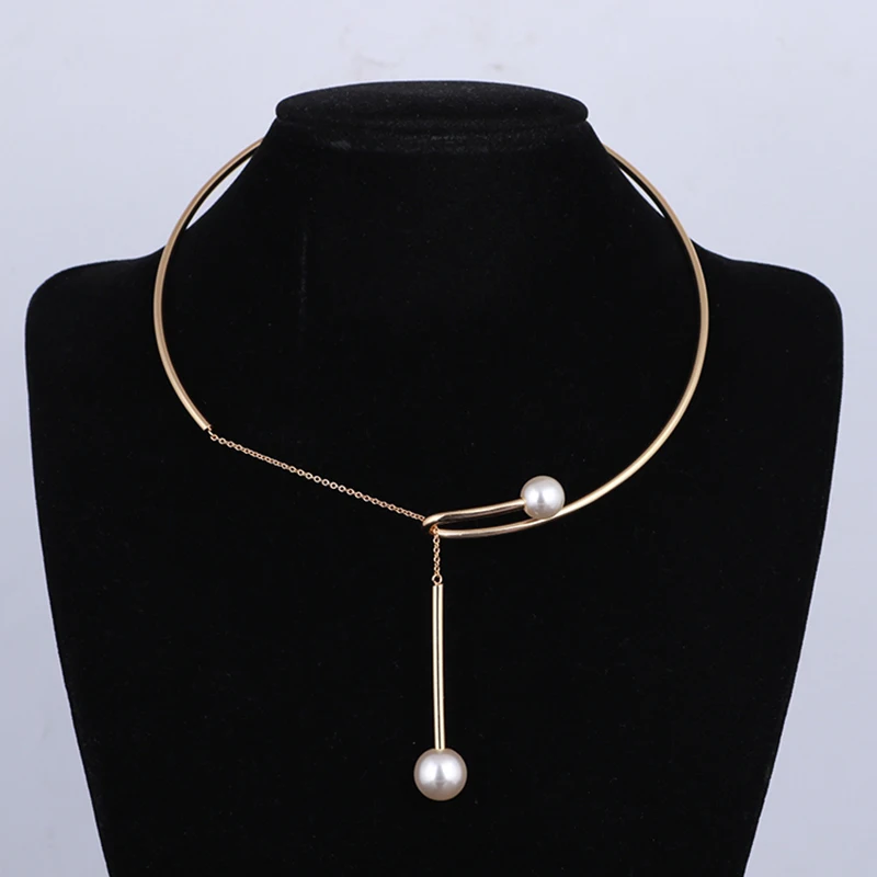 Pearl Asymmetric Stainless Steel Collar Necklace
