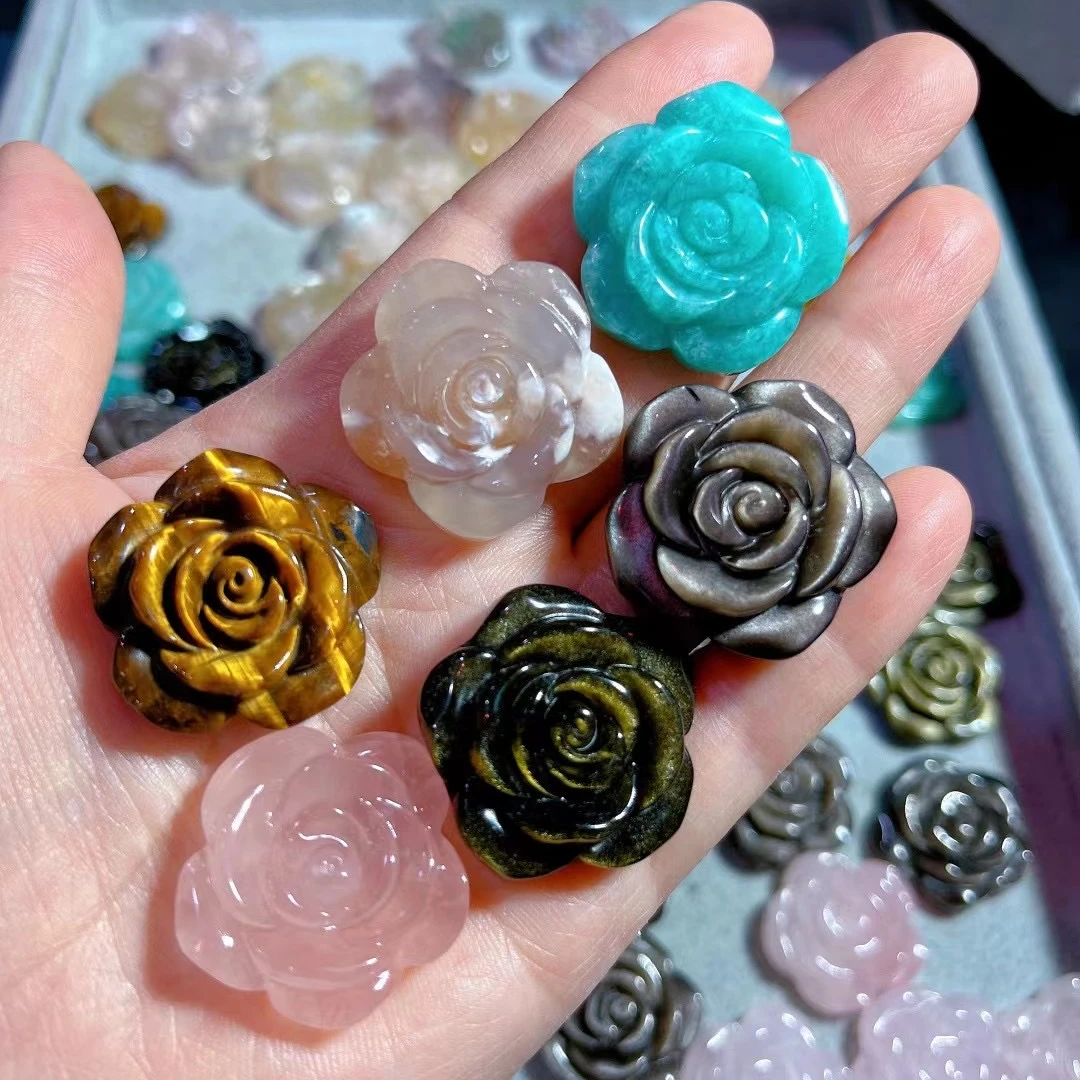 3CM Natural crystal healing pink blue tiger eyes crystal flower carving reiki amethyst Flower for gifts