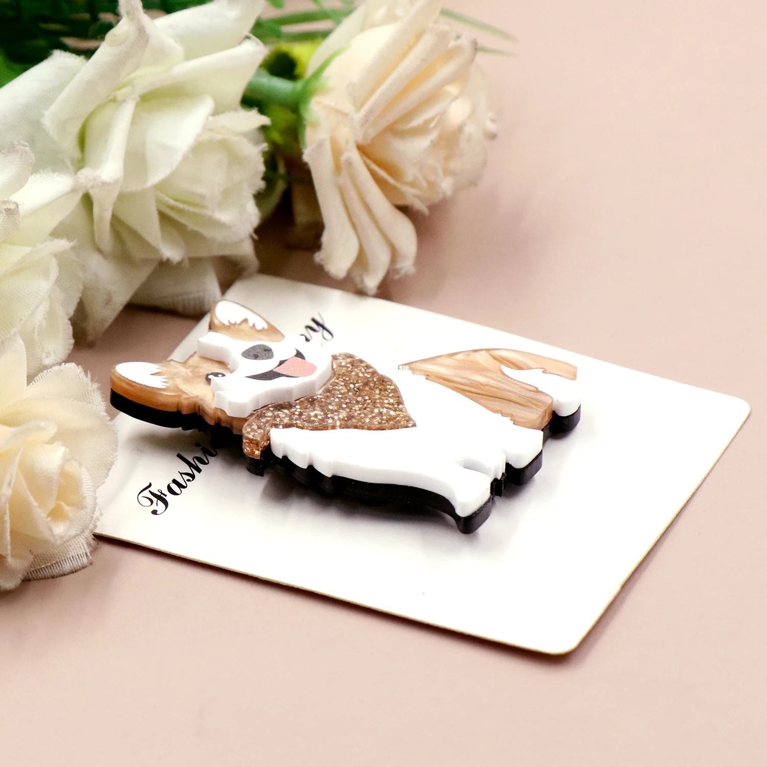 MD155BH1073 New Arrival Corgi Dog Brooch with Safety Pin Cute Laser Cut Acrylic Handmade Jewelry for Wedding Gift Accessories