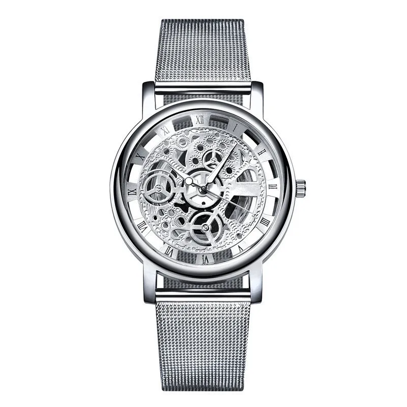 2024  Hot-selling Fashionable Transparent Hollow-out Mechanical Metal Mesh Strap Quartz  wrist watch