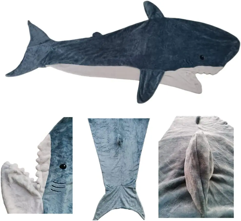 Shark Blanket Super Soft Cozy Flannel Hoodie Shark Sleeping Bag Shark Tail Wearable Fleece Throw Blanket Adult Kids