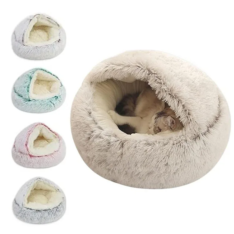 Cat Bed Round Plush Fluffy Hooded Calming Cat Cave Nest with Non-collapsed Cover