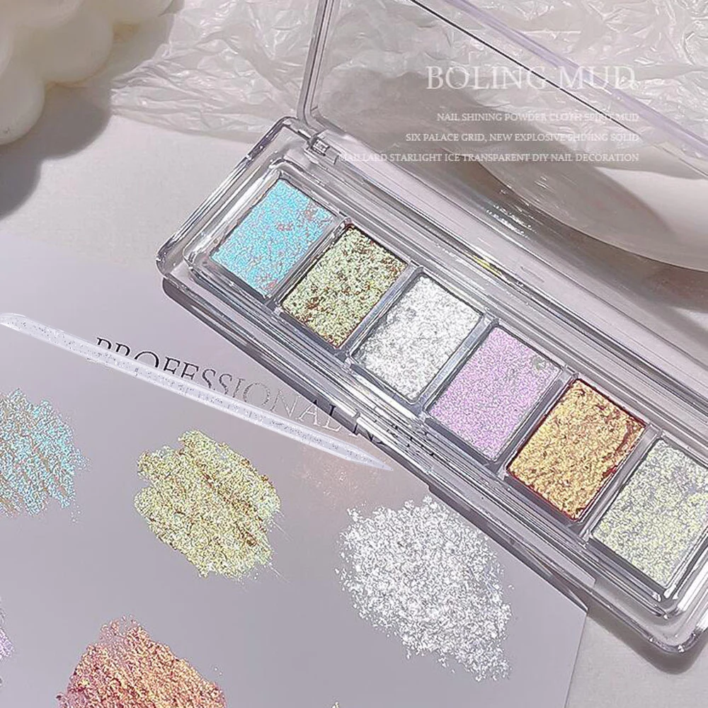 6 Colors Bling Mud Solid Nail Glitter Powder Shiny Reflective Aurora Mermaid Pigment Opal Flake Chrome Powder Rub Dust Manicure