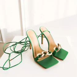 Luxurious Fashionable Green Cross Straps in Gold Chains for Handmade Customization Private Label Heels Sandals Shoes for Women