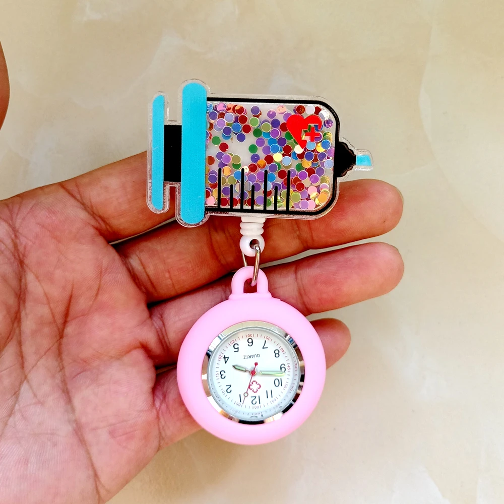 Creative Hospital Medical Icons Nurse Doctor Unisex Acrylic Shiny Retractable Badge Reel Clip FOB Pocket Watches Medicine Clock