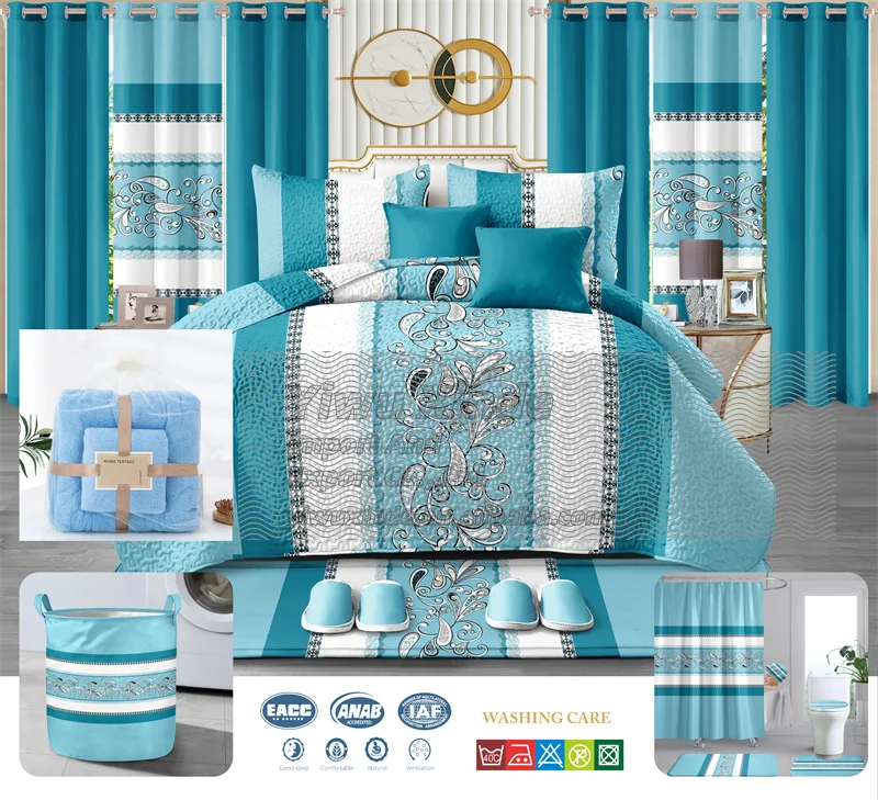 Ready to Ship King size 24 pieces bedding  with curtains set bedspread set 24 pcs bed sheet with Bathroom Set