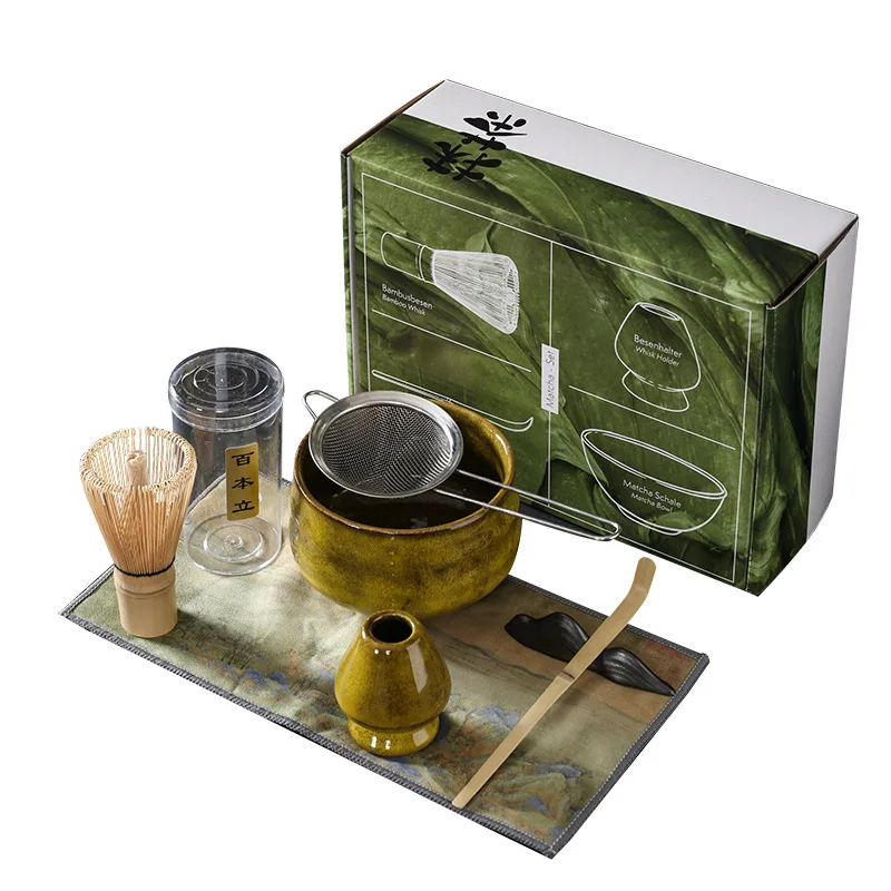Ceramic Matcha Set with Filter Jat Pot Bamboo Whisk Stand Ceramic Bowl Cup Spoon Holder Kit Tools Gift Box