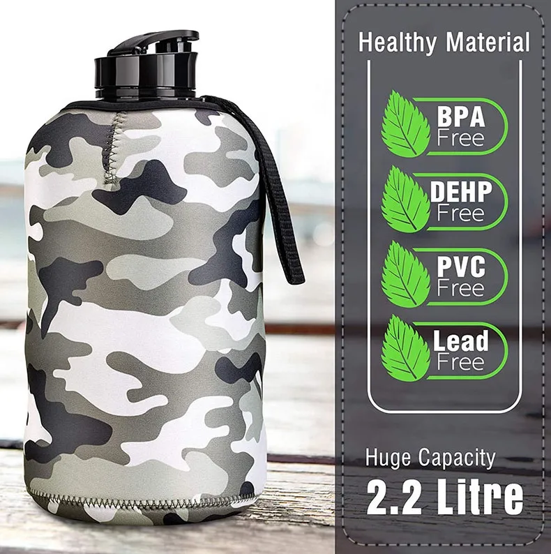 2.2L Eco friendly wide mouth gym sports half gallon motivational PETG Plastic water drinking bottle with sleeve