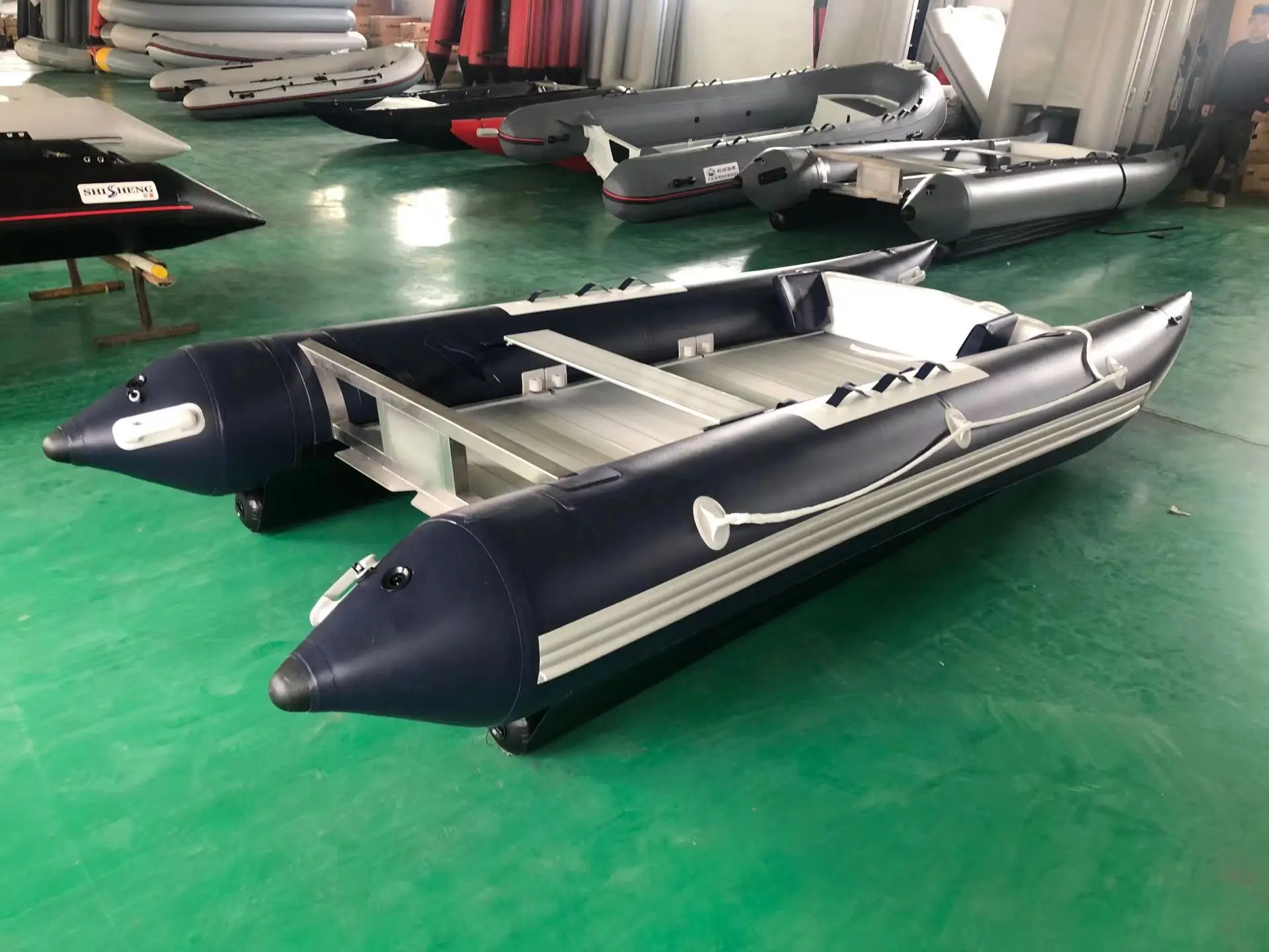 Customized Color Hypalon Inflatable Catamaran Boat with Air Deck and Motor Engine for Sale