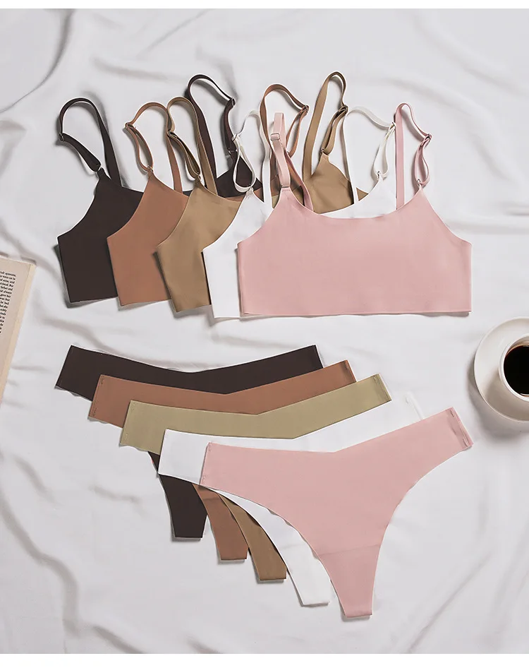 BPD108  New 5 Colors One Piece Seamless T-shaped Sports Underwear Set Ice Silk Nude Women Bra And Panties Sets