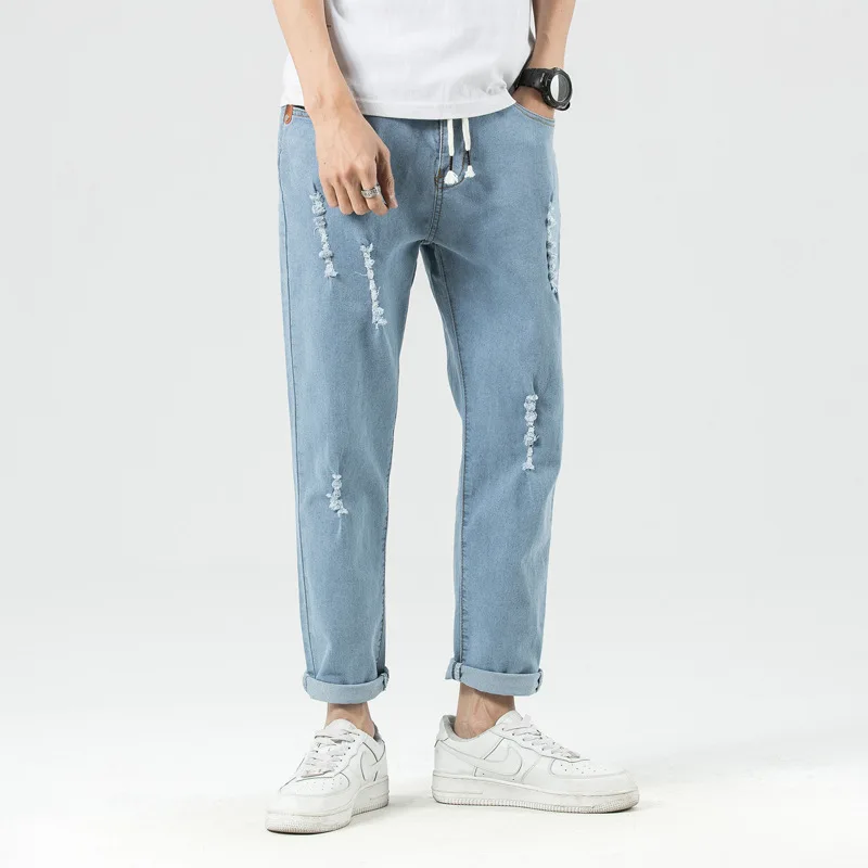 2021 men fashion destroyed denim ripped jeans tapered washed bootcut loose fit selvedge denim trouser for men