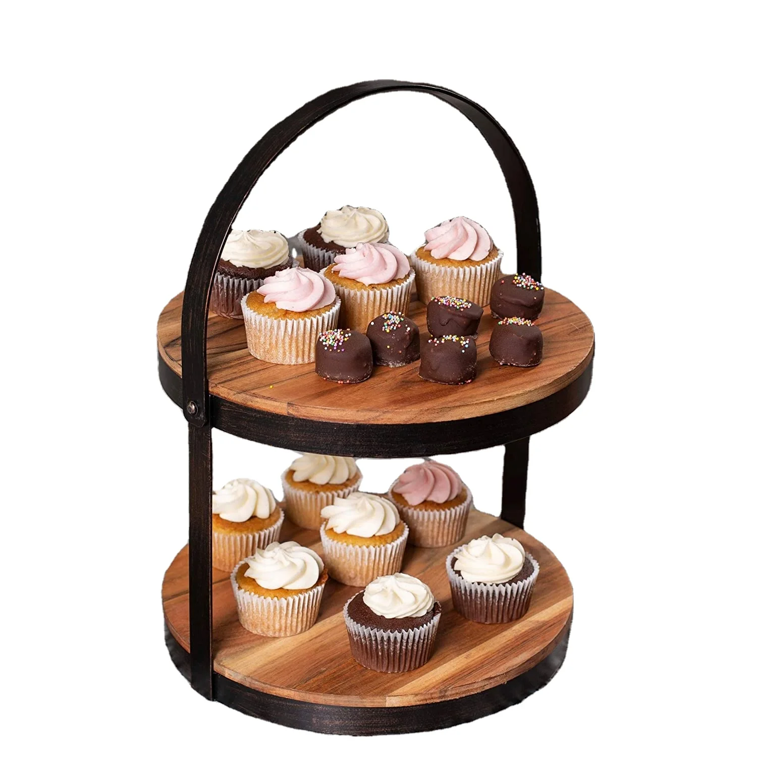 Iron Dessert Cake Display Stand Bandeja Decorativa Rattan Chocolate Wood Art Turkish 3 Tier Serving Tray With Adjustable Handle