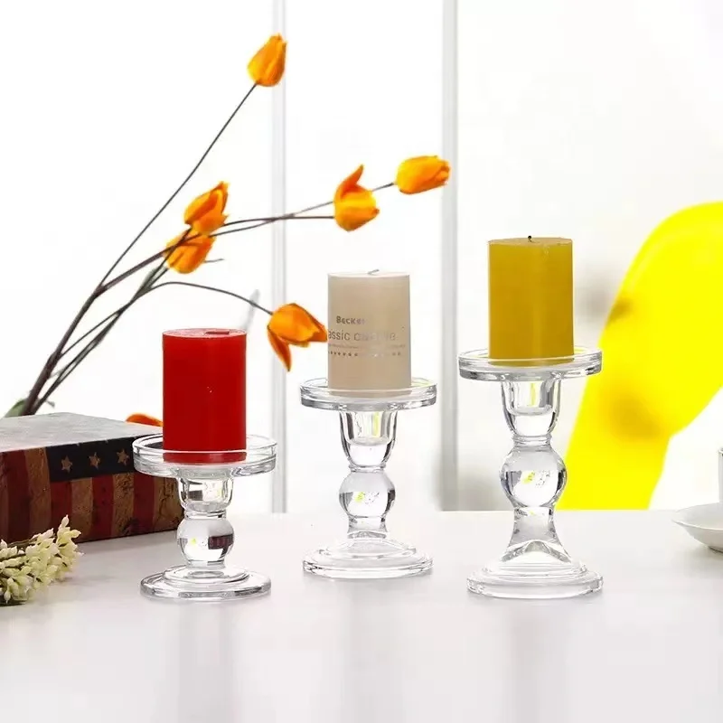 Glass Candle Holders for 3 inches Pillar Candle or 7/8 inch Taper Candle Clear Candlestick Holder for Wedding or Home Decoration