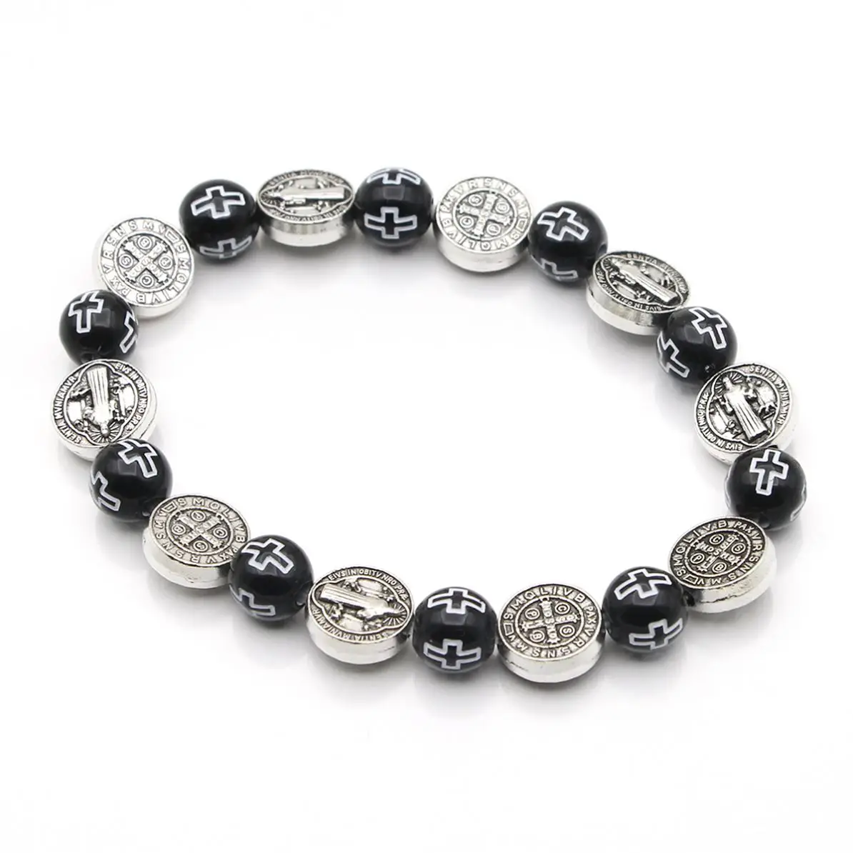 Wholesale Catholic Beaded Bracelet Cross Beads St. Benedict Medal Rosary Bracelets Antique Silver Plated  Religious Gifts