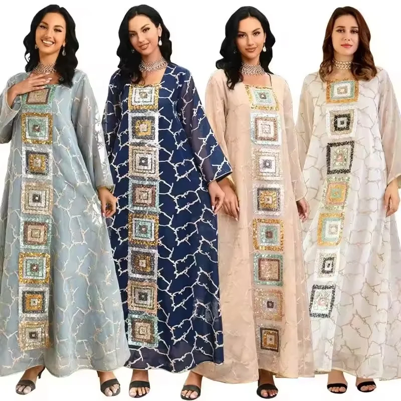 Middle East Muslim Ethnic Long Sleeve crew neck Printed Dress Loose Arab Turkish Robe Waist Belt Large Size Long Dresses