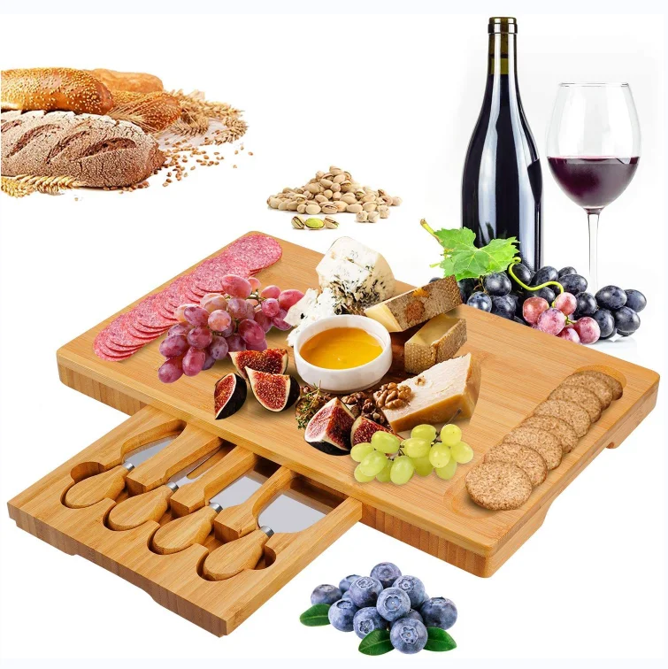 High Quality Charcuterie Platter and Serving Meat Board with Slide-Out Drawer, Bamboo Cheese Board with Cutlery Set
