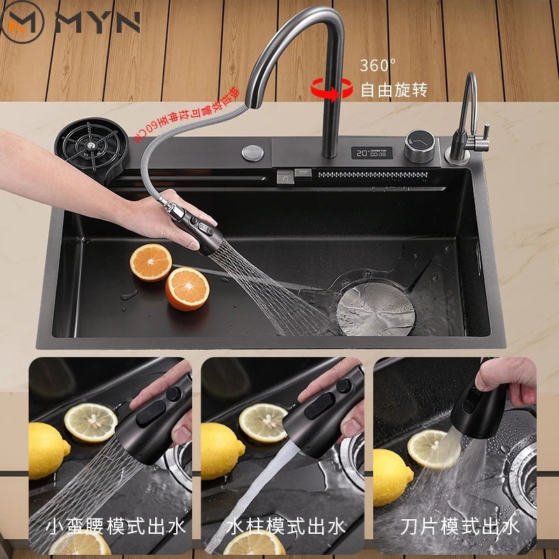 2023 Высококачественная нано-поверхность черная 304 нержавеющая сталь водопад обильная кухонная раковина с цифровым дисплеем