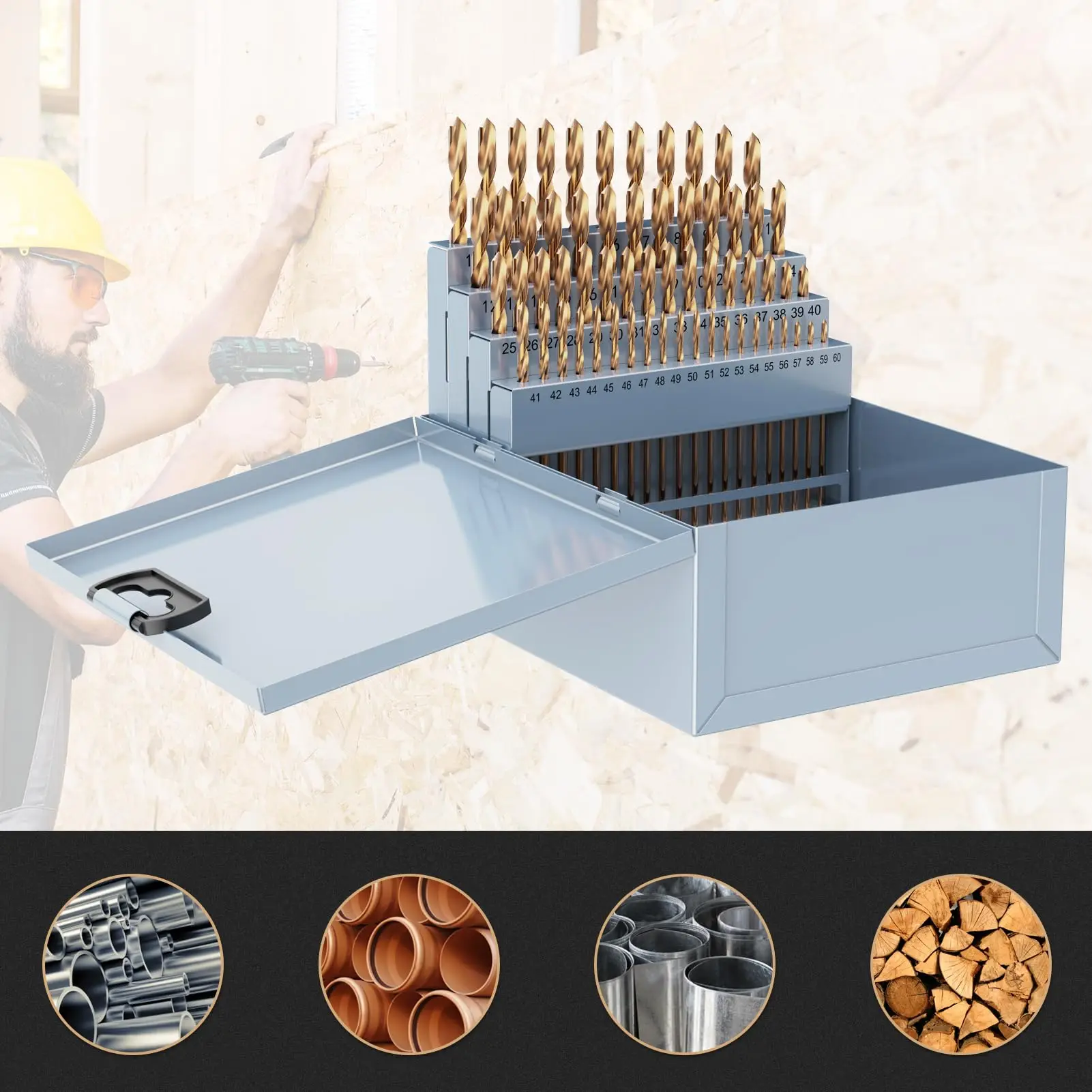 60 pcs 135degree split point hss 4241 titanium twist packing plastic box twist drill bit for metal drilling hss twist drill set