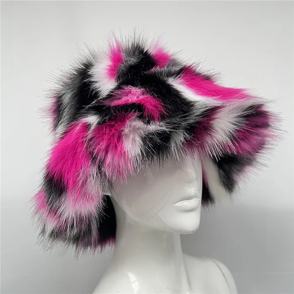 Tie Dye Plush Color Blocking Faux Fur Bucket Hat for Women Fuzzy Party Warm Soft Multi Colors Pattern Fox Fur Winter Hat