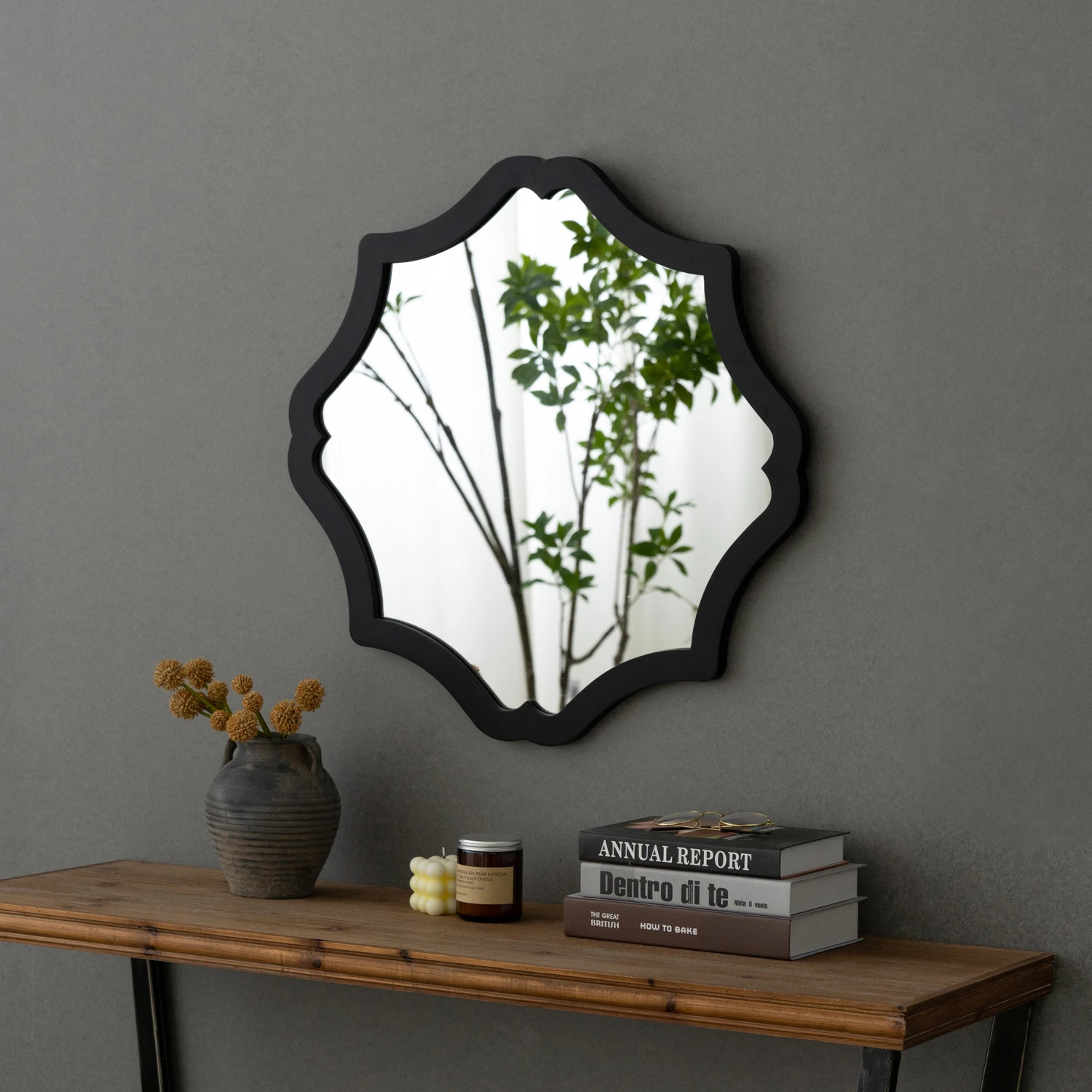 Soft Edges Wooden Mirror Handmade Black Finishing Modern Customized Wall Hanging
