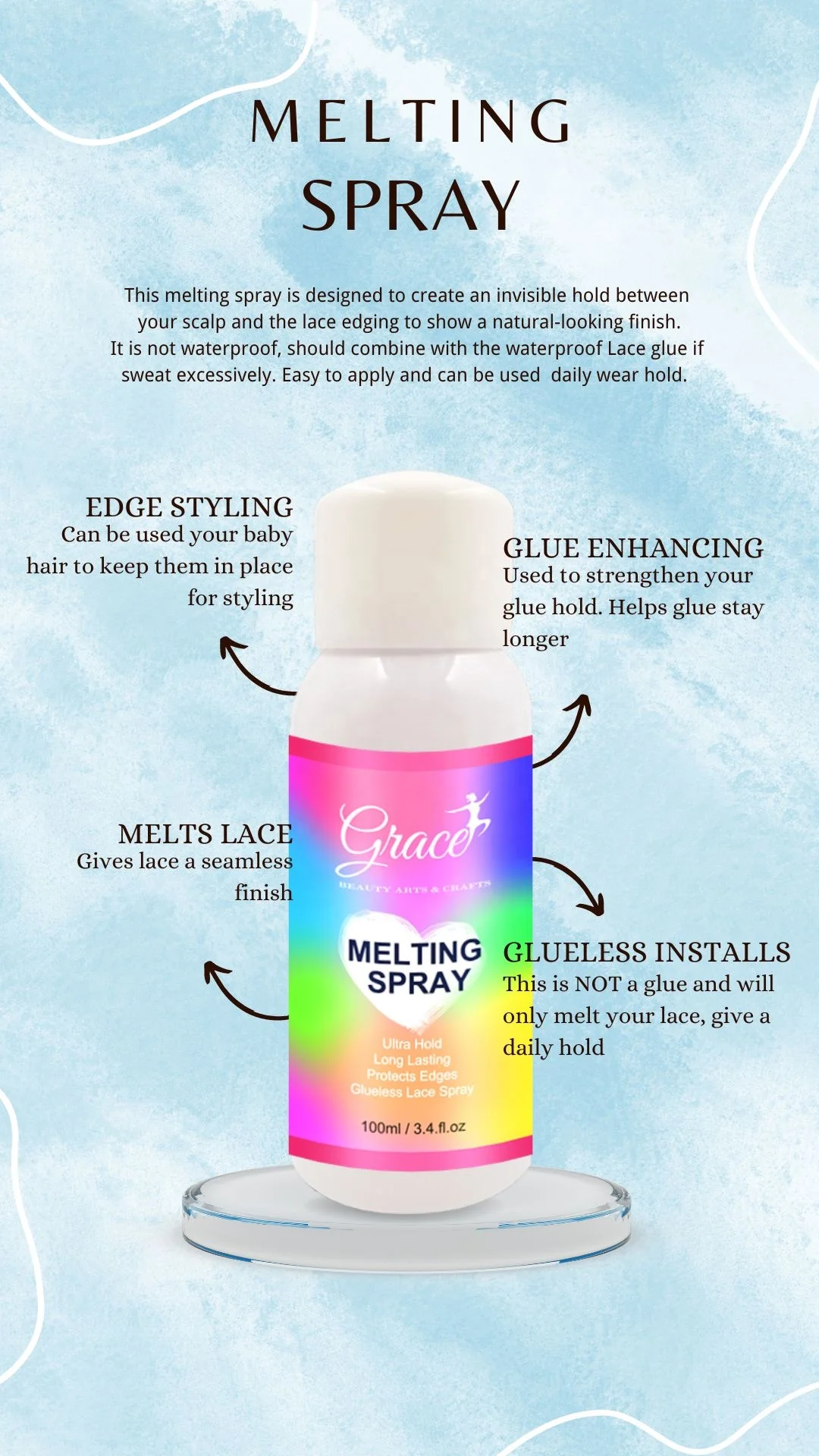 Private label Strong Hold Quick Drying Invisible finishing holding spray Melt Band Melting Spray Glue Remover Wig Lace Glue