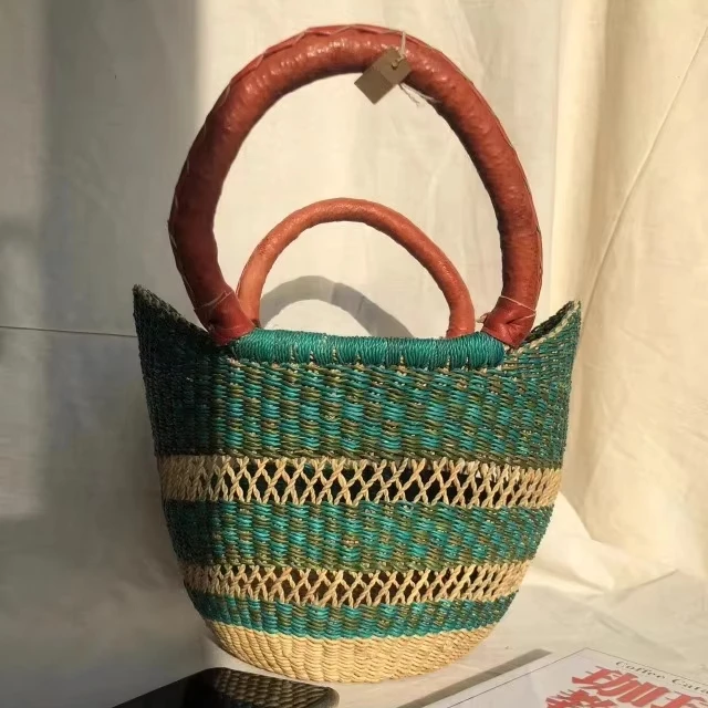 Wholesale Handmade Decorative Woven Straw Water Hyacinth Seagrass Bolga Wicker Baskets Storage with Handle Handicrafts