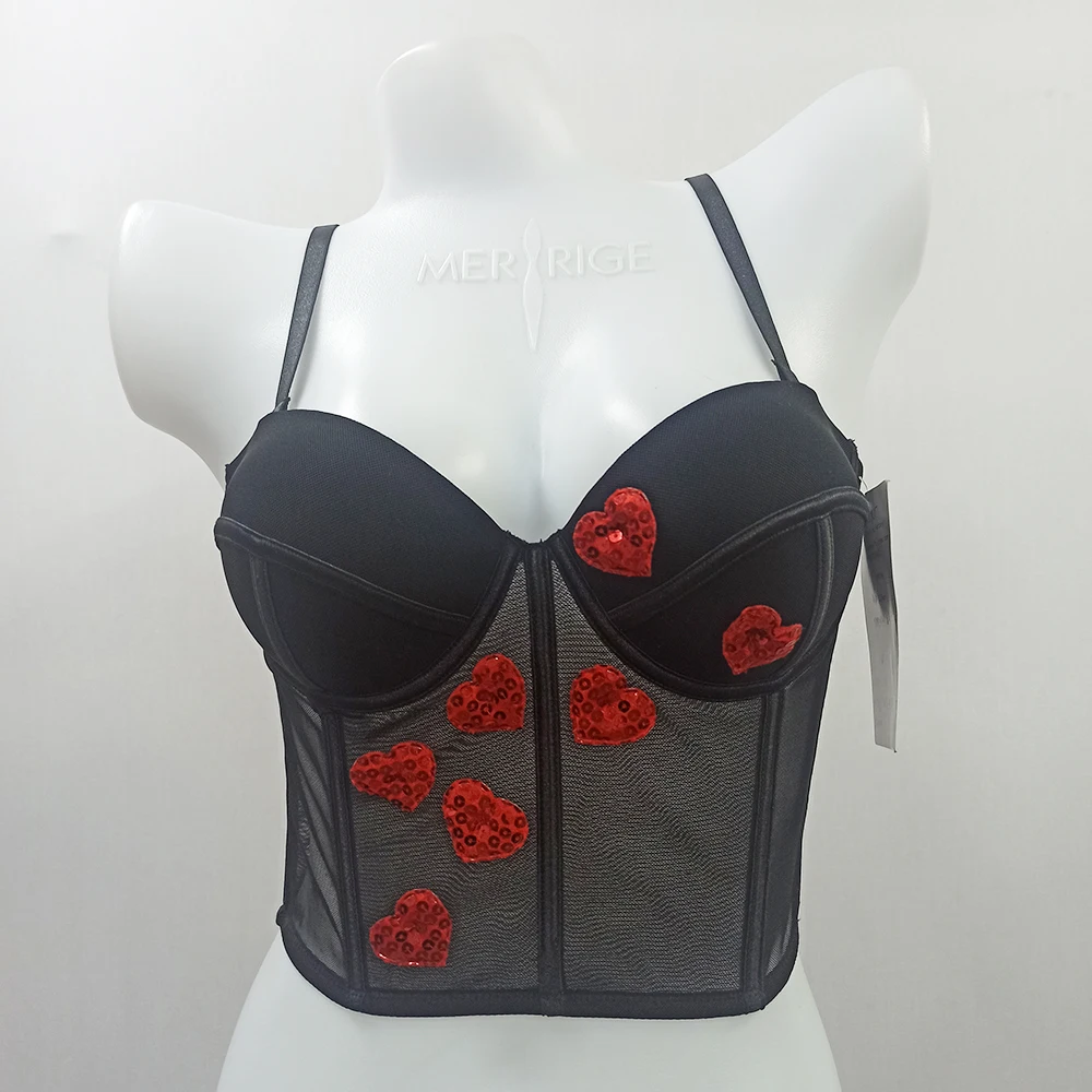 Ladies lingerie love pattern mesh corset top for women push up bra black Cropped Bustier with Red Sequin Heart