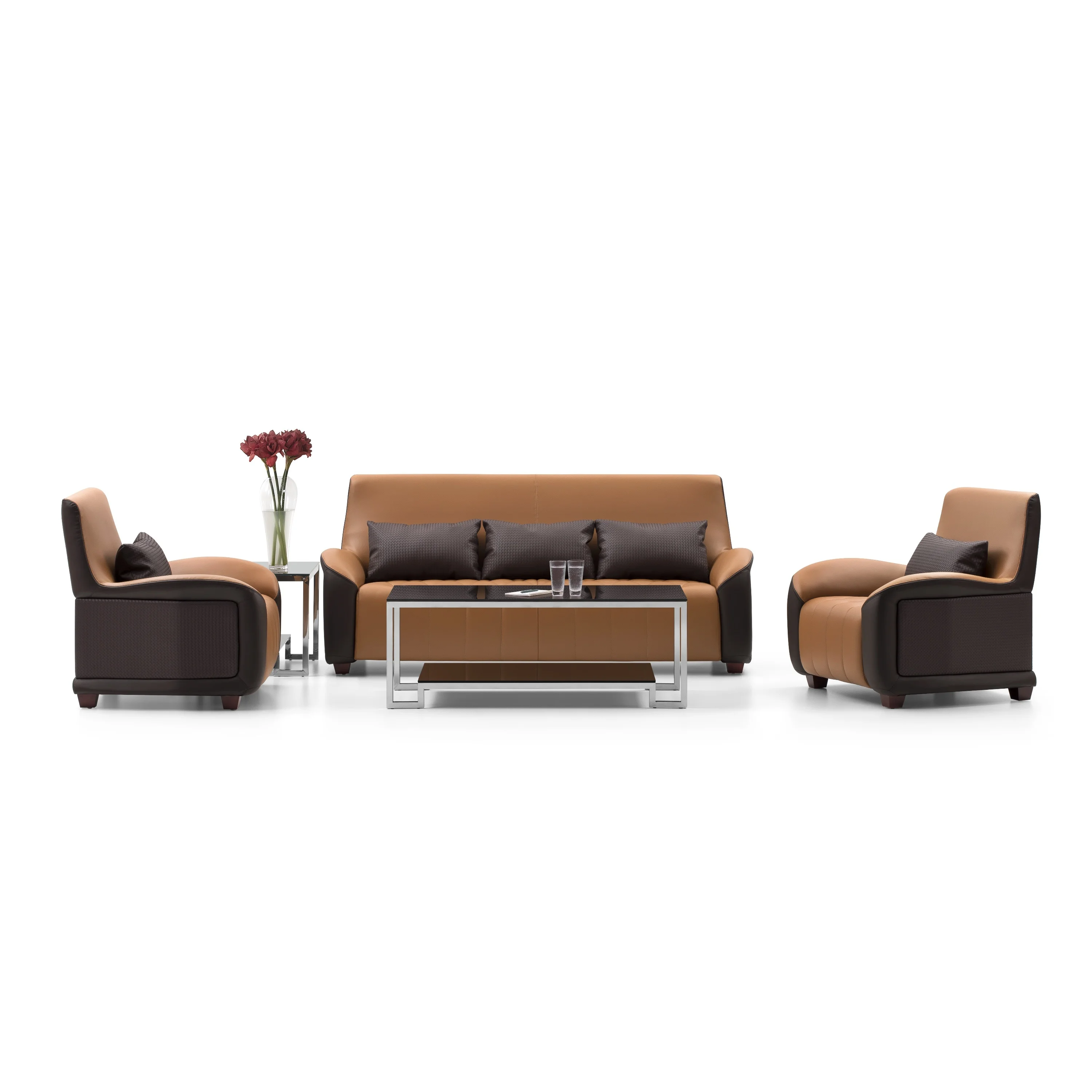 High quality cheap price contemporary brown and tan PU leather 3 seat sofa set furniture office