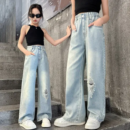 2024 New Summer Teenagers Girls Washed Blue Pearls Patched Jeans Big Girl Summer Thin Jeans 5-15 Years