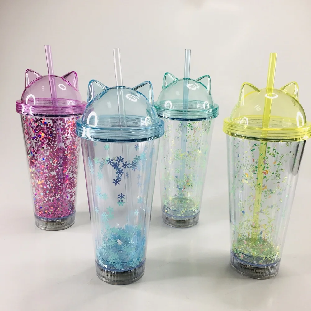 High Quality Hard Large Led Light Disposable Double Wall Plastic Cup With Lid and Straw