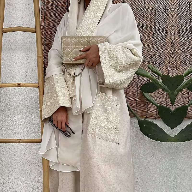 PROMISTAR Latest Chic Belt Waist Design Linen Islamic Clothing Women Modest Abaya Dresses Kimono Cardigan Plaid Muslim