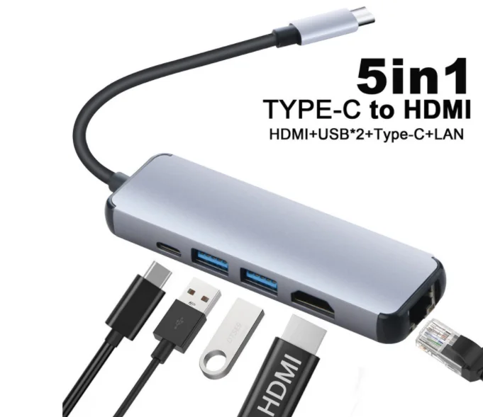 5 in 1 USB Type C Hub Hdmi 4K TYPE-C Hub to 100M Gigabit Ethernet network card Rj45 Lan Adapter for Macbook Pro samsung huawei