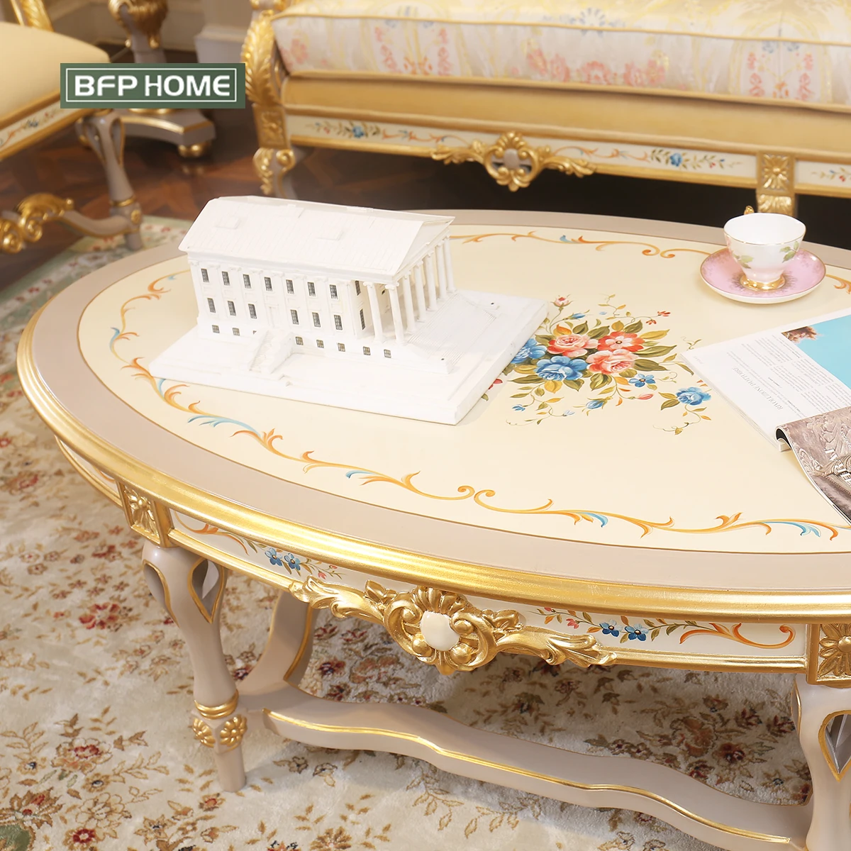 BFP HOME French Luxury Style High-end Sofa Classical Living Room Sofa Set with Gold/Silver paint Solid wood furniture