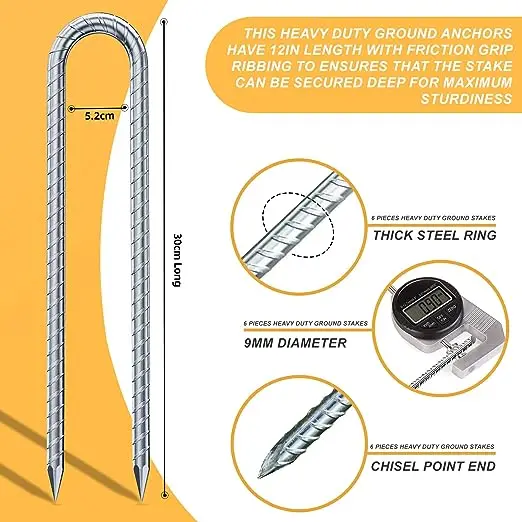 Wholesale Premium Quality Heavy Duty Metal U-shaped ground stakes durable 30 cm Metal Threaded Tent Spikes for camping tent