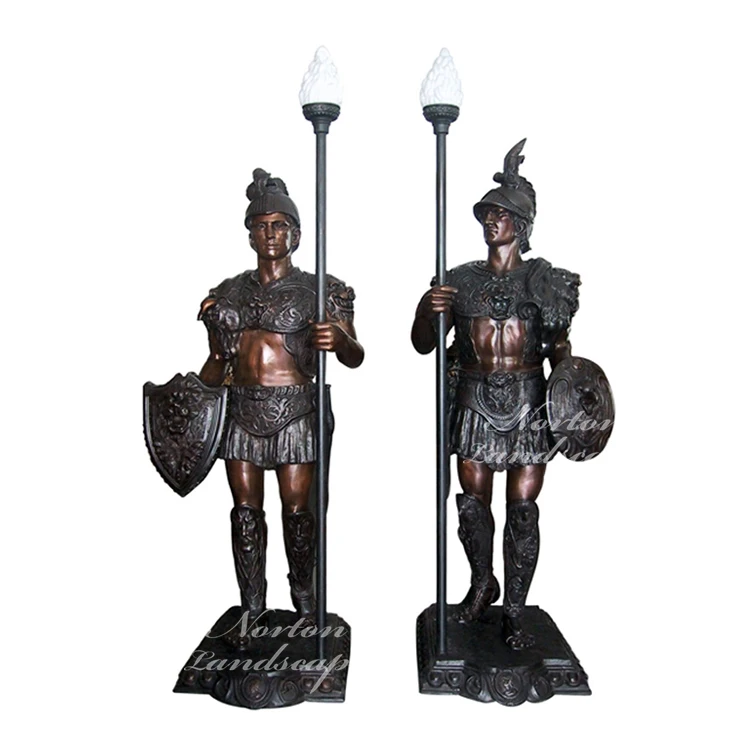 Modern outdoor garden decoration metal art handcraft Greek soldier sculpture brass bronze lamp figure solider statue
