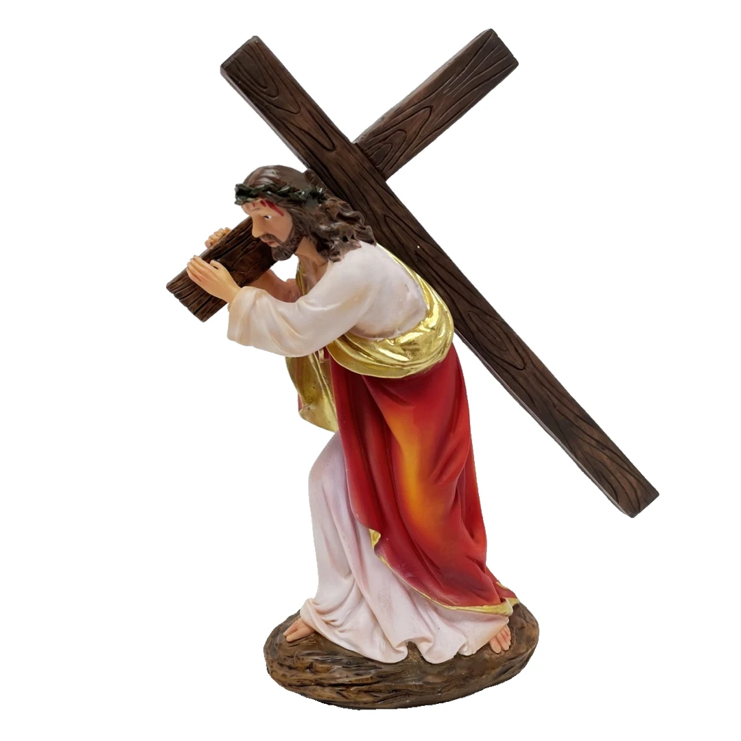 Factory wholesale catholic religious resin cross ornaments figurine Jesus carrying the crucifix statue