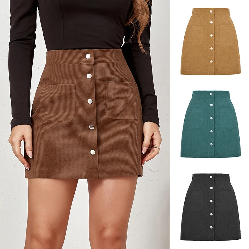 Single-breasted Short Pencil Skirts for Women Pockets Corduroy Autumn Winter Mini A-line Skirt Woman Pure Color Elegant Slim