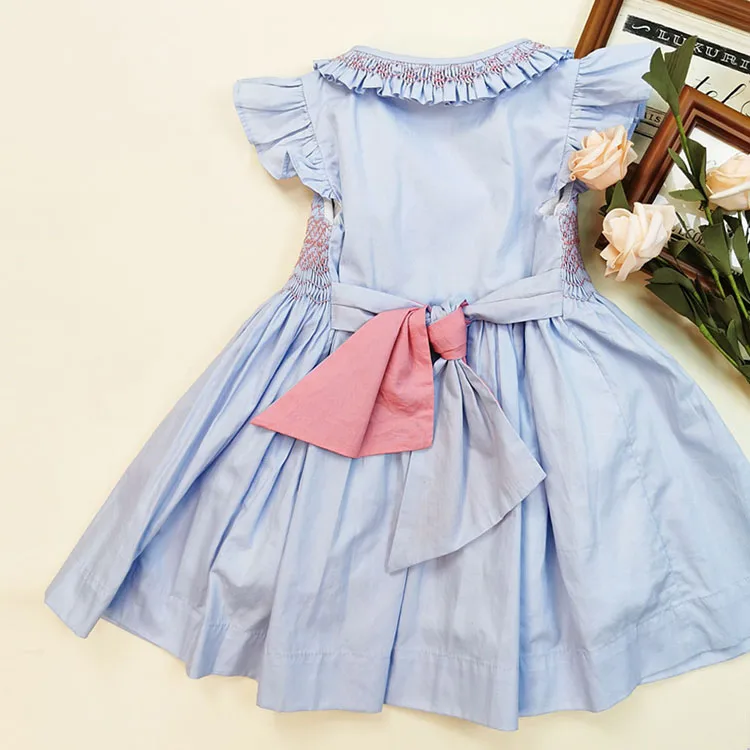 Custom High Quality Handmade Smocked Kids Clothes Ruffle Sleeves Smock Dress For Baby Girl