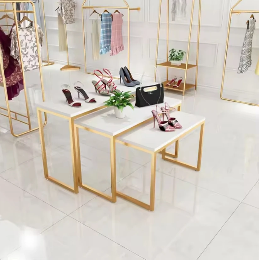 Boutique Store Design Nested End Table Set Clothes Rack Shop Fitting Gold Garment Rack Display Table