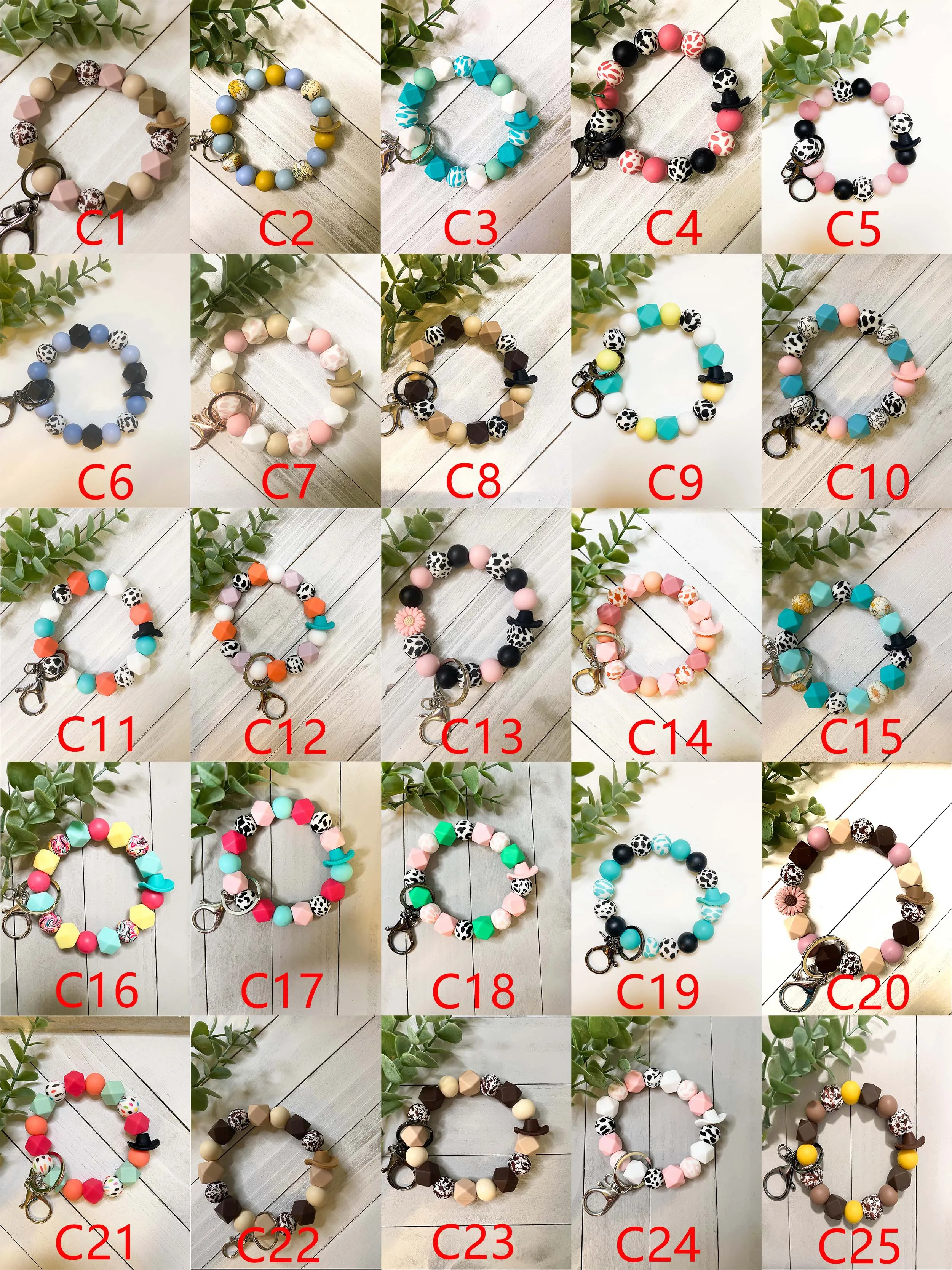 Girls Accessories Cow Print Silicone beads Bracelet Western Style Cowboy Hat Wristlet Keychain for Women