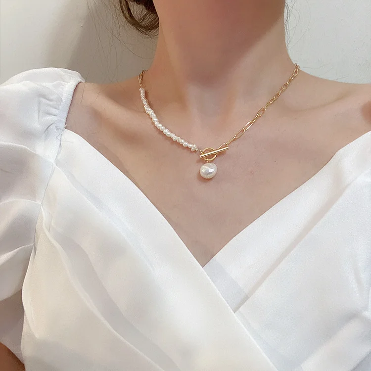 Wholesale Half Cuba chain Half Freshwater pearl Chokers Necklaces 14K Real Gold Plated Cuban Chain necklace for men and women